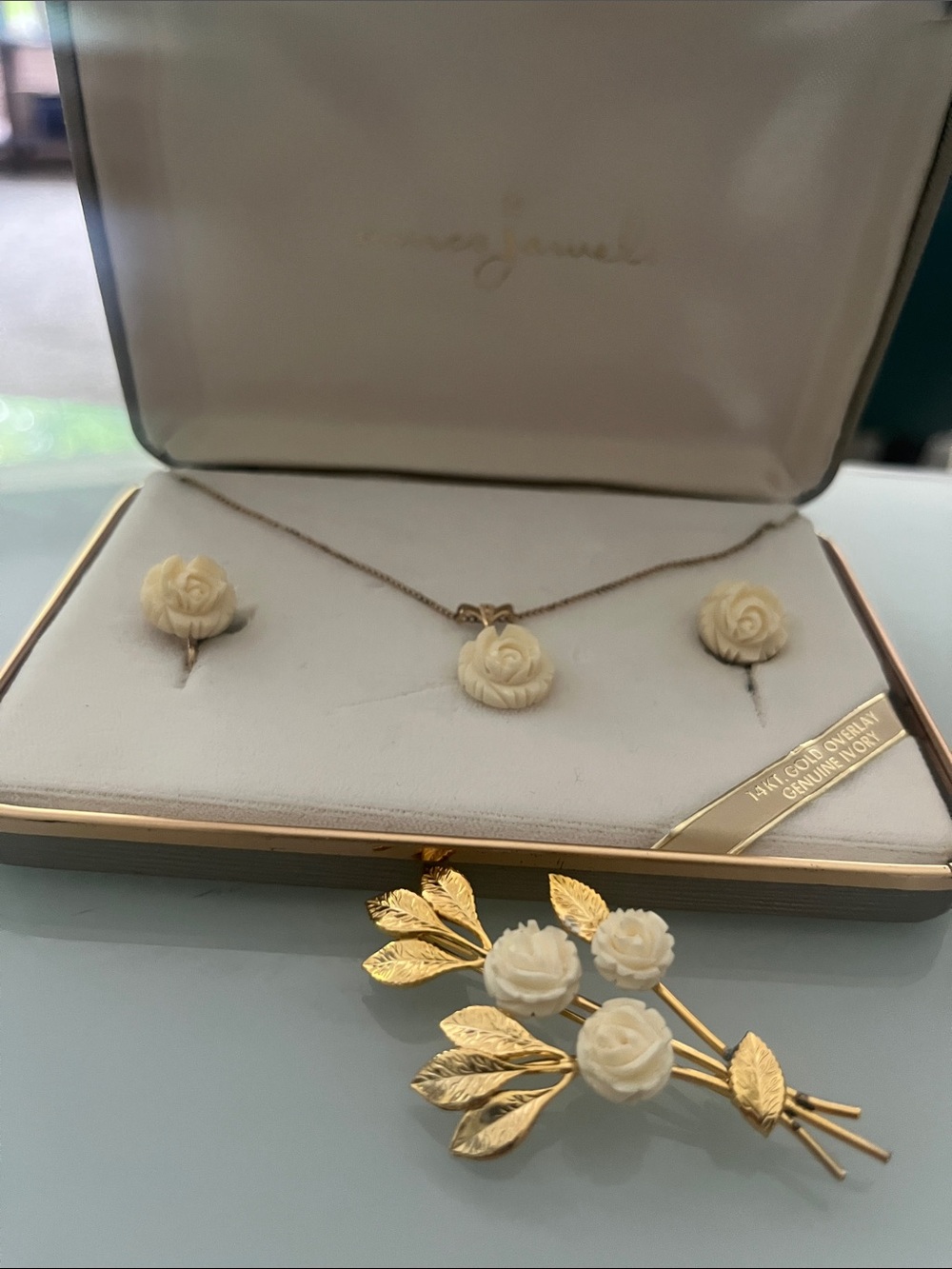 Amco Jewels vintage Ivory rose jewelry- clip earrings and brooch